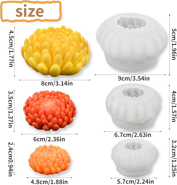 3 Pack Flower Candle Molds, 3D Peony Mum Molds Set Large + Medium + Small Chrysanthemum Silicone Molds for Candles Soap Epoxy Resin Clay Plaster Home Décor Handmade Gift