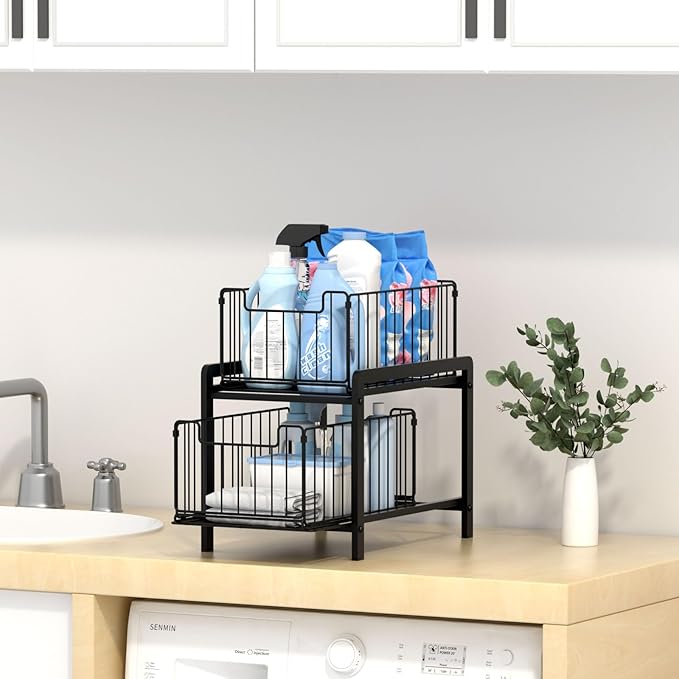 NPPLUS 2-Tier Under Sink Organzier: Iron Under Sink Cabinet Organizers With Sliding Drawer - Pull Out Home Storage For Bathroom Kitchen Desktop (Black)