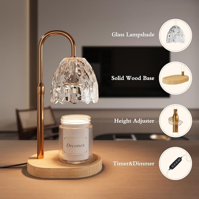 Candle Warmer Lamp with Timer Dimmable, Adjustable Height Wax Melt Warmer for Jar Candles, Birthday Gifts for Women, House Warming Gifts New Home Decor with 2 Bulbs, Clear