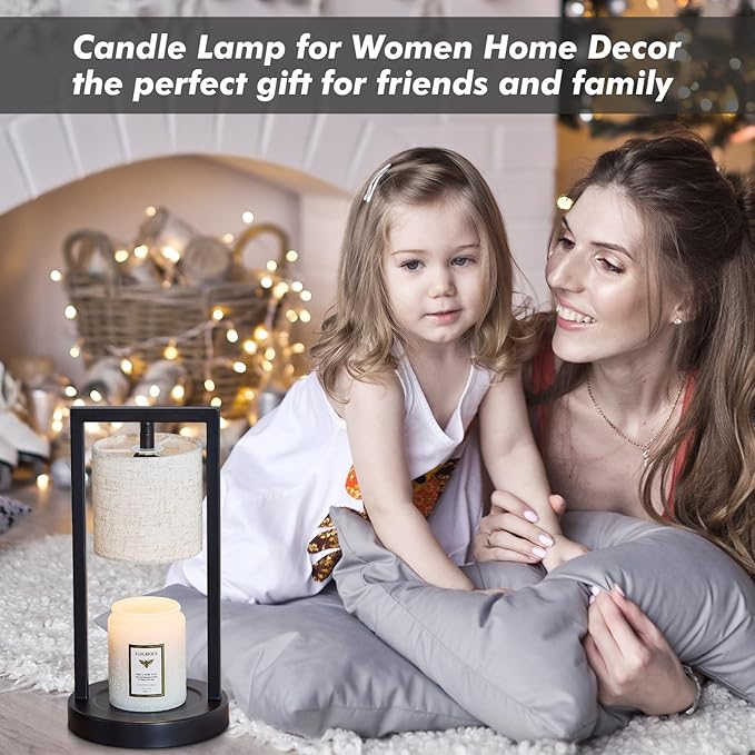 Candle Warmer Lamp with Timer, Black Candle Lamps Linen Fabric Shade, 3-Level Dimmable Candle Warming Wax Melt Warmer for Scented Wax, 50W Electric Warmer Lamp for Women Home Decor (2 Bulbs Included)