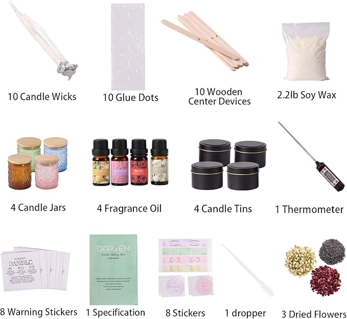 DARJEN Candle Making Kits - Soy Candles Making Supplies for Adults Including 4 Candle Jars(Amber, Pink, Blue, Green), Candle Tins, Wax, Scents, Dried Flower & More, DIY Arts & Crafts Kits Home Decor