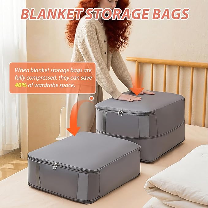Veki Comforter Storage Bag, Space Saving Self Compression Foldable Blanket Storage Bags, Closet Organizer With Handle and VisualiZation Window, Large capacity 130L for Bedding, Clothes (Grey L)