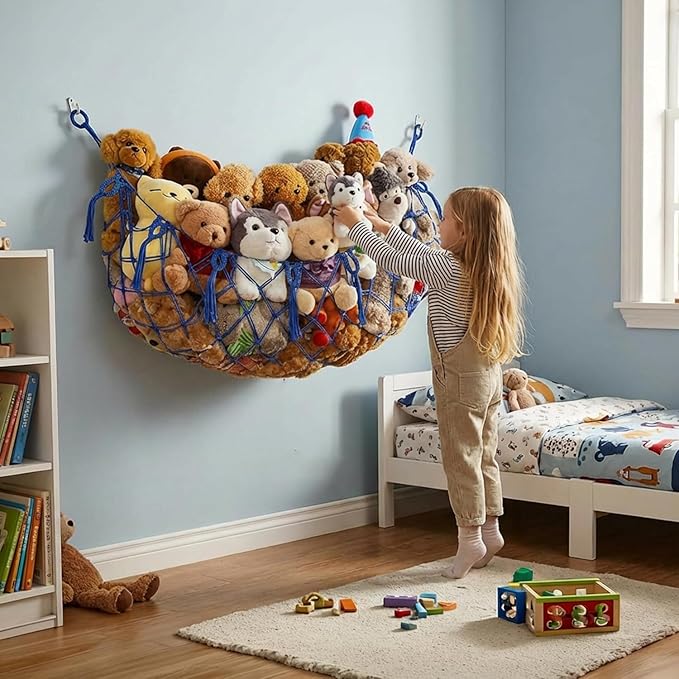 Stuffed Animal Net or Hammock for Flat Wall Mounted Handmade Macrame Toy Display Hanging Plush Toy Net for Stuff Animal Storage(blue large)