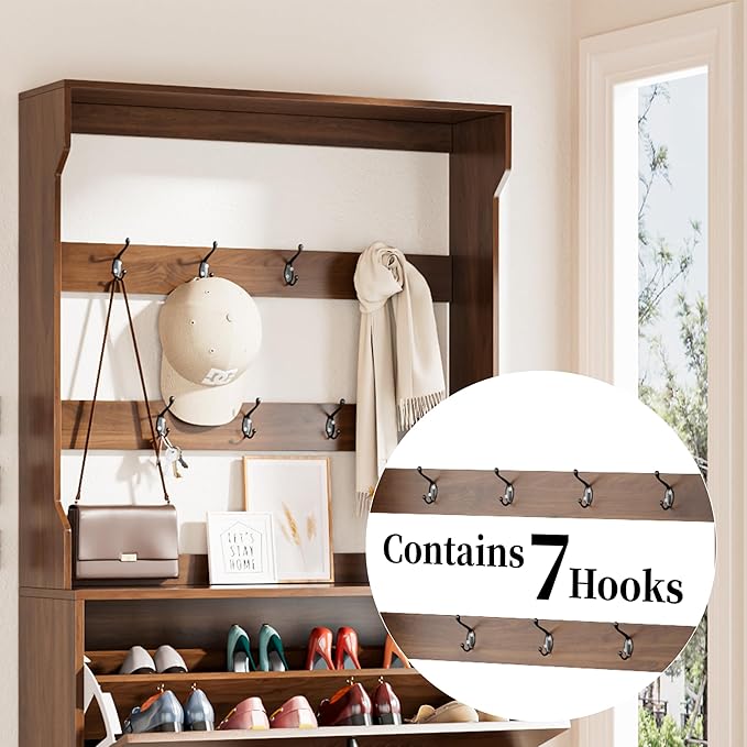 Fsbecl Shoe Cabinet for Entryway with 3 Flip Drawers & Coat Rack, Narrow Hidden Shoe Storage Cabinet with Fluted Panel, 2-in-1 Hall Tree Slim Freestanding Shoe Rack Organizer for Hallway, Walnut