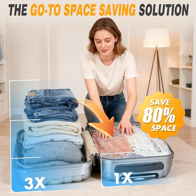 Travel Vacuum Storage Bags with Pump, Carry-on Luggage Compression Bags + Portable Electric Pump, 80% Space Saver for Clothes, Vacuum Seal Bags for Clothing Packing Travel, Pack of 18