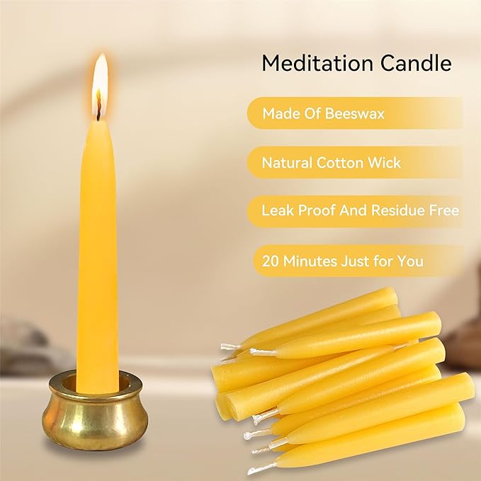 Mini Taper Candle Meditation Candles,20 Minute Prayer Candlestick Dripless Beeswax Candles with Brass Candle Holder for Yoga & Spiritual Rituals (Set of 30)