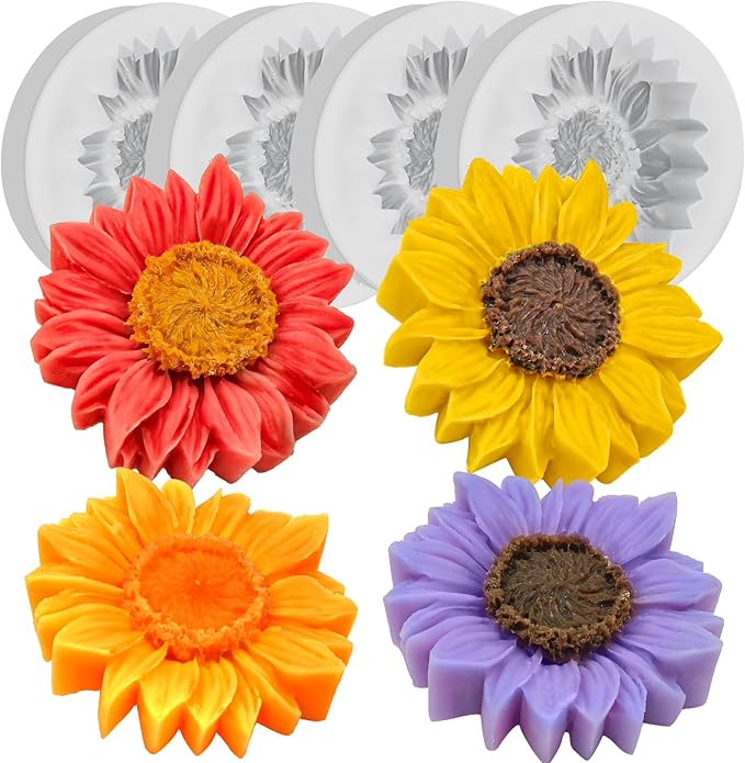 4 Pcs Sunflower Candle Molds, 3D Flower Fondant Chocolate Cake Cupcake Topper Decoration Silicone Mold, DIY Tealight Candle Soap Wax Epoxy Resin Concrete Casting Polymer Clay Craft