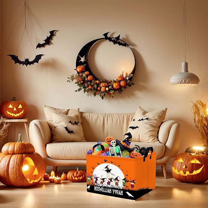 Halloween Basket Gift Cute Pumpkin Ghost Parties Decor Kid Trick or Treat Basket for Boys and Girls Rectangular Storage Bin Box (Witch)