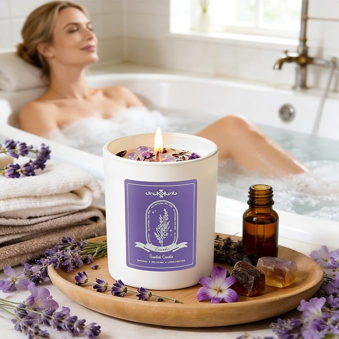 Lavender Scented Candle Gift - 10oz Natural Soy Wax with Crystals, 60H Long Lasting Aromatherapy Candle for Relaxation, Birthday Mother's Day Gifts for Women