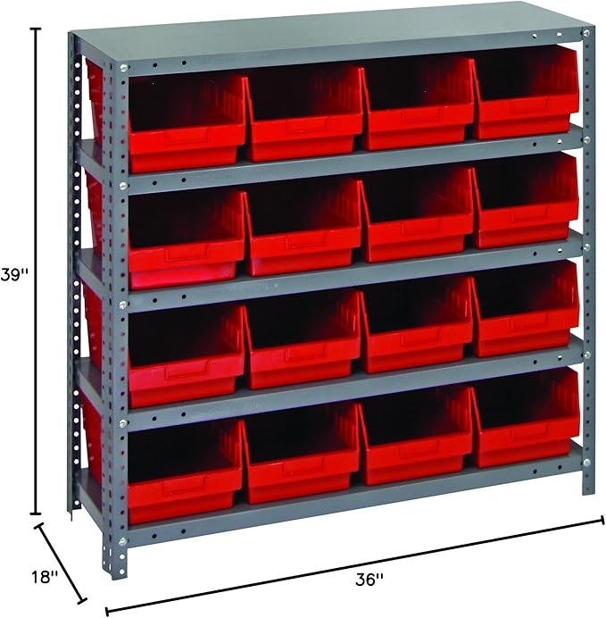 Quantum Storage Systems 1839-208RD Store More Steel Shelving Unit with 6" Shelf Bins, 18" D x 36" W x 39" H, Red
