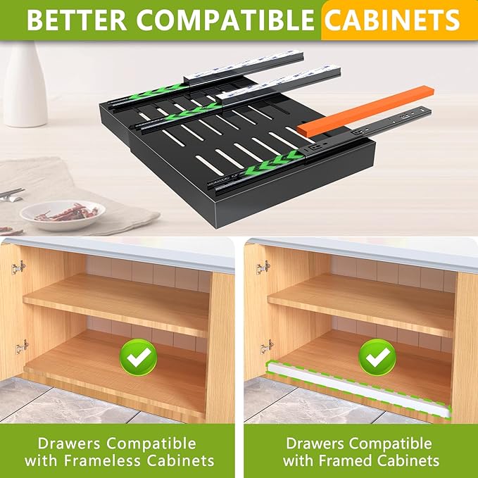 Pull Out Cabinet Organizer 21" Deep Expandable Slide Out Drawer Organizers,No Drill Roll Out Drawers Adhesive with Nano Compatible Framed Cabinets Shelves for Kitchen Pantry Adjustable Width