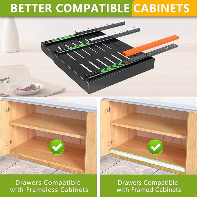 2 Pack Pull Out Cabinet Organizer,21" Deep Slide Out Drawer Organizers,No Drill Pull Out Drawers Adhesive with Nano Compatible Framed Cabinets Shelves for Kitchen Pantry Adjustable Width