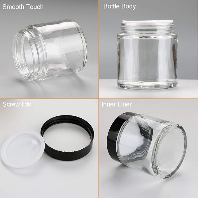 Encheng 12Pack of 4 oz Clear Round Glass Jars, with Inner Liners and black Lids,Empty Cosmetic Containers,Cream jars
