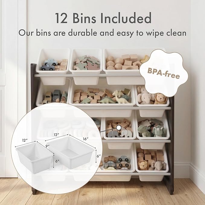 Humble Crew Kids Toy Storage Organizer with 12 Plastic Bins, Espresso/White – Removable Bins for Playroom, Bedroom, Toddler Furniture for Boys and Girls Ages