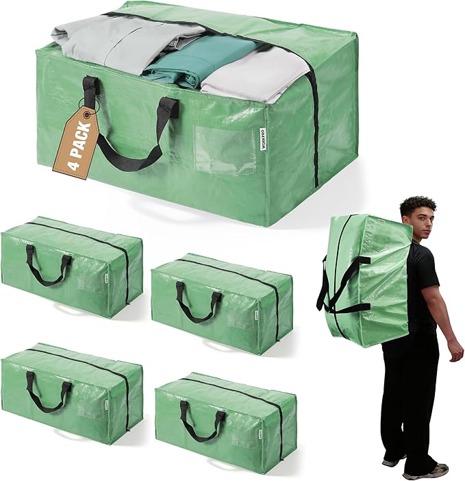 WORKPRO 4 Pack Extra Large Moving Bags with Zippers & Carrying Handles Backpack Straps, Heavy-Duty Storage Tote for Space Saving & Storage, Alternative to Moving Box (Green)