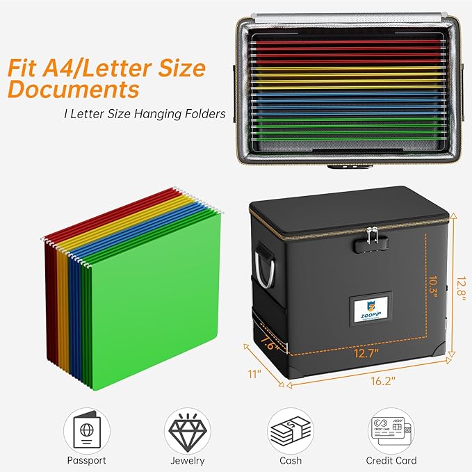 File Organizer with Lock,Fireproof Document Box,Hard Safe Box Includes 10 Hanging File Folders for Letter Size,Filing Cabinet with Fireproof Zipper,0.58 Cubic Feet