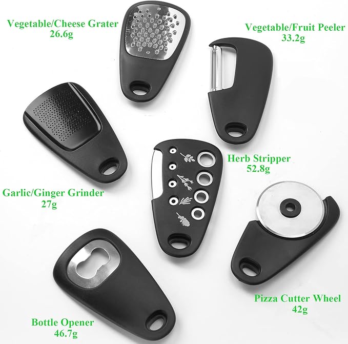 Kitchen Gadgets Set 6 Pieces, Space Saving Cooking Tools Kitchen Accessories-Garlic/Ginger Grinder, Cheese Grater, Vegetable/Fruit Peeler, Pizza Cutter, Herb Stripper, Bottle Opener, Gadgets Gift Set