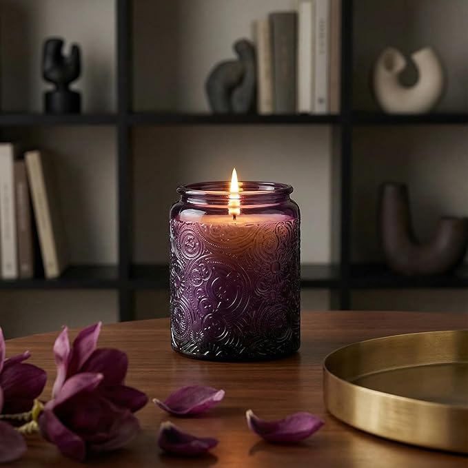 Art Secret 9-Pack 8oz Embossed Glass Candle Jars with Lids and Labels - Sun Moon Stars Design (Purple)