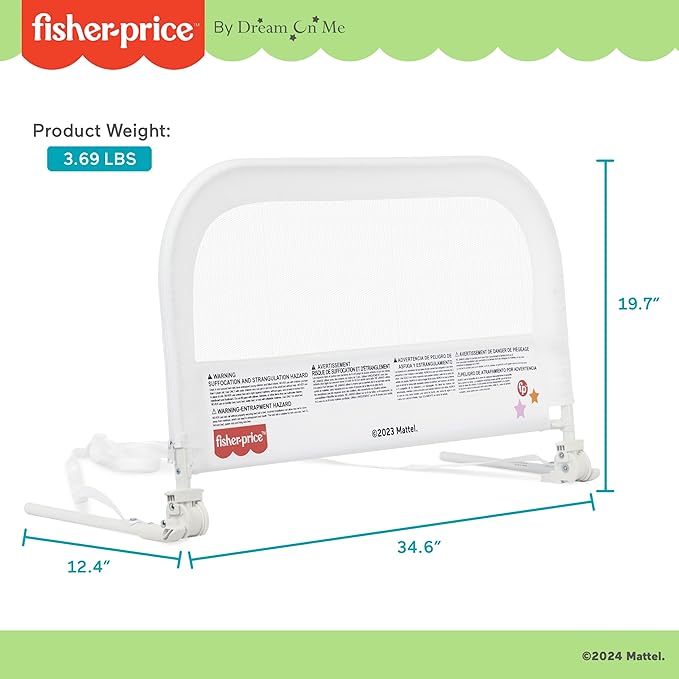 Dream On Me Fisher-Price Little Naps Bed Rail for Toddlers in White, Suitable for All Types of Beds, No Tool Assembly for Toddler Bed Rail
