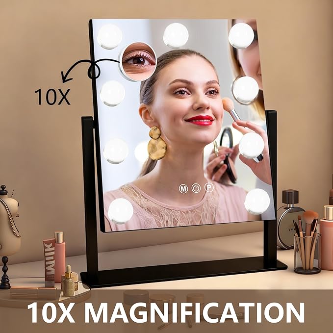 Ratsamee Black Hollywood Vanity Mirror with Lights, 9 Dimmable Bulbs, 3 Color Lights,Make Up Lighted Mirror, 10x Magnification 360°Rotation(12" x 14")