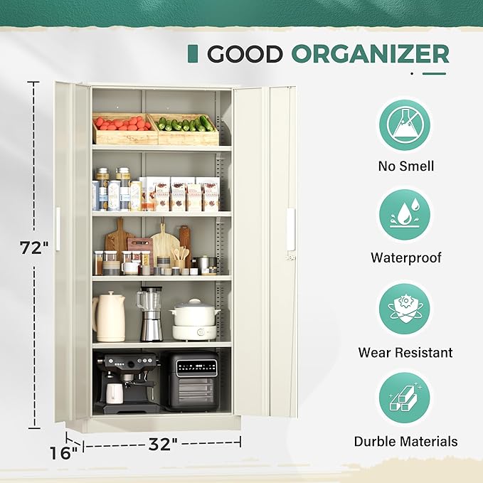 Greenvelly Metal Garage Storage Cabinet, 72” Locking Steel Garage Cabinet with 2 Doors and 4 Shelves, Tool Cabinets, Metal File Cabinet for Home Office, Basement, Classroom, Grey(32" ×16")
