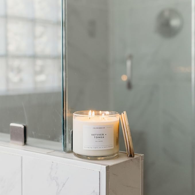 Calyan Wax Co. Vetiver & Tonka 3 Wick Scented Candle - 43 Hour Burn - Luxury 3 Wick Soy Candles - Non Toxic Soy Wax Candles - Long Lasting Large Glass Jar Candle for Home - 14.9oz