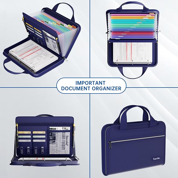 Fireproof Accordion File Organizer with Handle, 13 Pocket Expanding File Folder with Zipper & Labels, File Folder with 3 Ring Binder, Multi Pockets Paper Organizer Folder for Letter A4 Files (Blue)