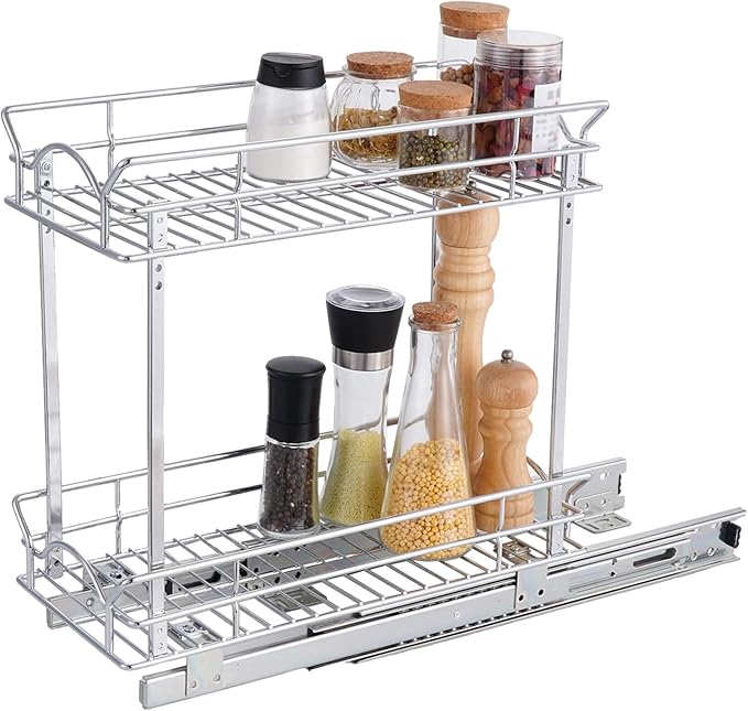 OCG Slide Out Cabinet Organizer for Narrow Cabinet (5" W X 17" D), 2 Tier Pull Out Shelves Slim Sliding Cabinet Organizer and Storage, Chrome