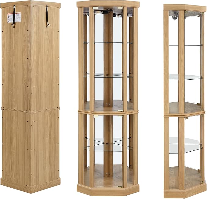 69" H Lighted Curio Cabinet Corner Display Case,Corner Glass Cabinets with Tempered Glass Door and Adjustable Shelves,Wooden Curio Cabinet with Mirrored Back Pane (Style 1 - Light Oak)