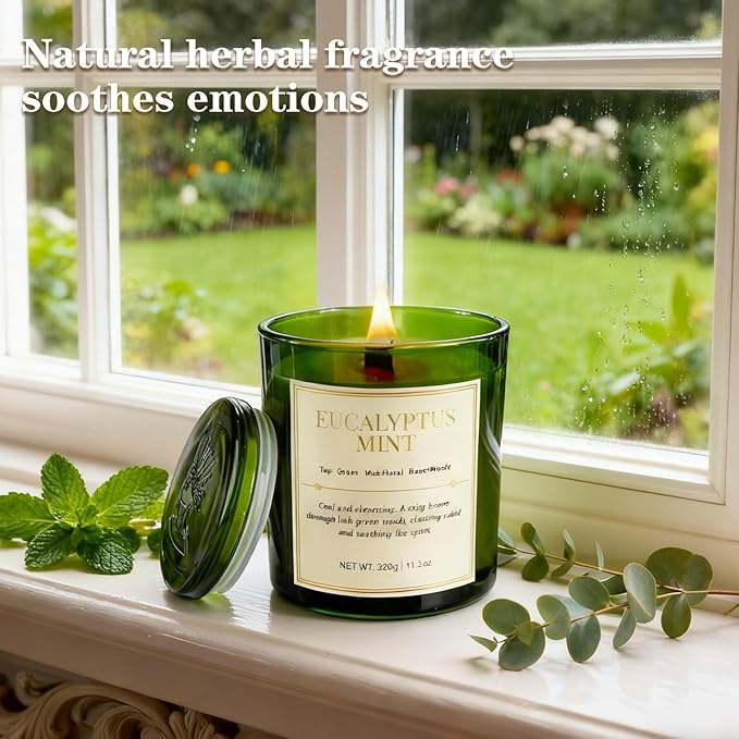 2 Pack Candles for Home Scented,Wood Wick Eucalyptus Mint Scented Candle,22.6 oz 150 Hour Long Burning Lasting, Natural Soy Wax Candles Gifts Set