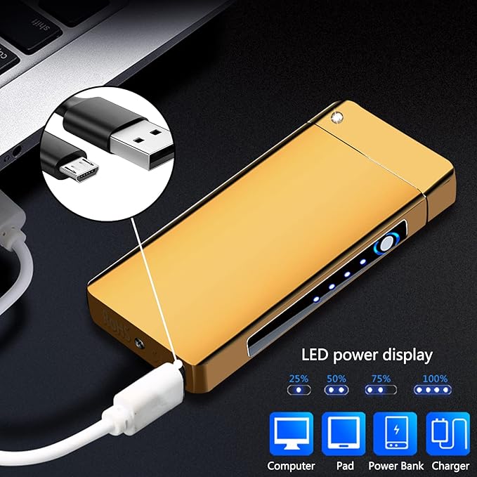 BABOBIU Plasma Lighter Rechargeable Lighters Arc Lighter Windproof Lighters Metal Body Battery Display Big Arc Flame Push Button Type-C Fast Charging for Candles Incense Fireplace Outdoor (Gold)
