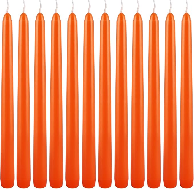 12-Pack 10-Inch Orange Taper Candles - Cotton Core, Clean Burning unscented, Drip-Free & Smokeless, Elegant Conical Design for Halloween, Weddings & Family Celebrations