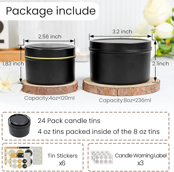 CONNOO 24 Pack Candle Tins - 12pcs 8oz + 12pcs 4oz Matte Black Candle Jars with Lids for Making Candles, Bulk Empty Candle Containers with Sticky Warning Labels for Candle Making, Storage, and Gift