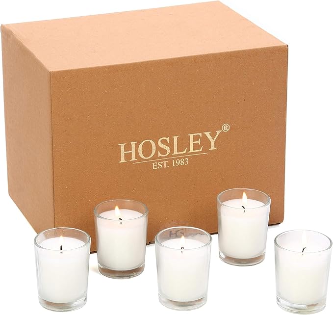 Hosley 20-Pack Ivory Unscented Votive Candles in Clear Glass Holders Hand Poured Wax for Timeless Elegance and Versatile Décor Illuminate Every Moment