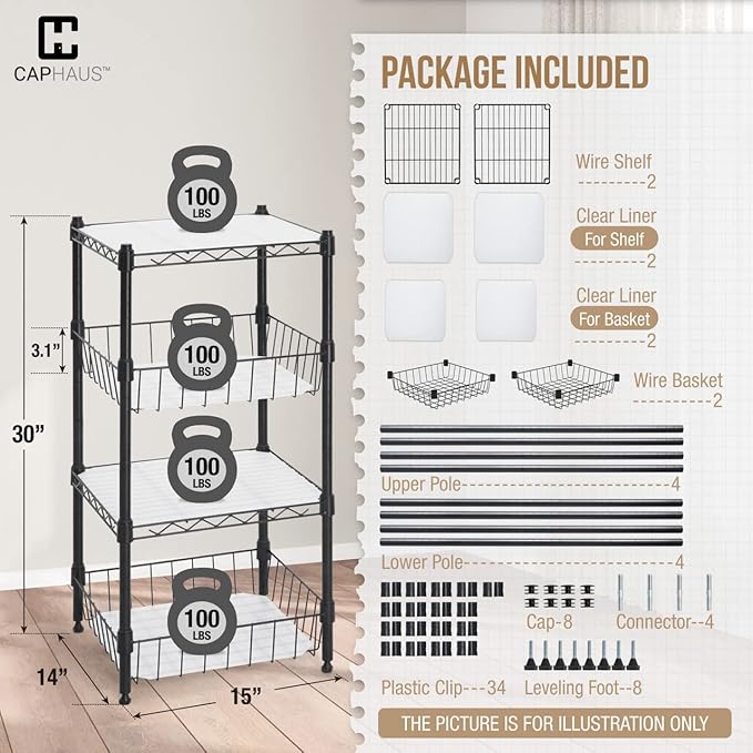 Fencer Wire NSF 2 to 4 Tier Stackable Wire Shelving Unit w/Baskets & Liner, Storage Rack Kitchen, Bathroom, Laundry Closet, Wire Shelving Basket Shelves, Storage Rack Corner Shelves, Black