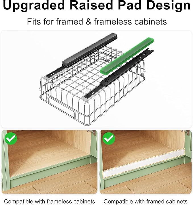 Stainless Steel Pull Out Cabinet Organizer(11.8"W x 16.5"D x 4.7"H)-1 Pack, Minimalist Design Frame, Full-Extension Slide Rails, Easy Installation for Pantry Organizers or Kitchen Cabinet Organizer