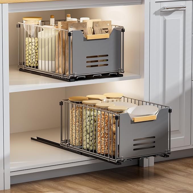 2 Pack Pull Out Cabinet Organizer, Slide Out Drawers for Cabinets, Peel and Stick, Heavy Duty Shelves for Kitchen, Cupboard, Pantry, Bathroom, Tall Style - Gray（14.76" D*9.64" W*7.48" H）
