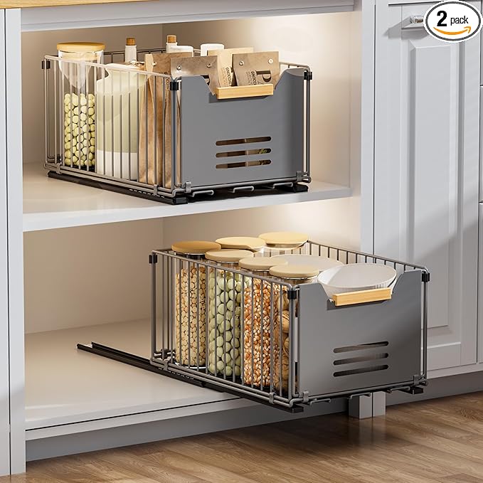 2 Pack Pull Out Cabinet Organizer, Slide Out Drawers for Cabinets, Peel and Stick, Heavy Duty Shelves for Kitchen, Cupboard, Pantry, Bathroom, Tall Style - Gray（14.76" D*9.64" W*7.48" H）