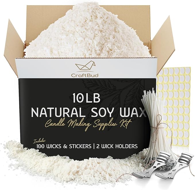 CraftBud Soy Candle Wax for Candle Making – Natural Soy Wax for Candle Making 10 lb Bag, Candle Making Wax, 10 Lbs. Soy Wax Flakes, 100 Candle Wicks, 100 Wick Stickers, and 2 Metal Centering Devices