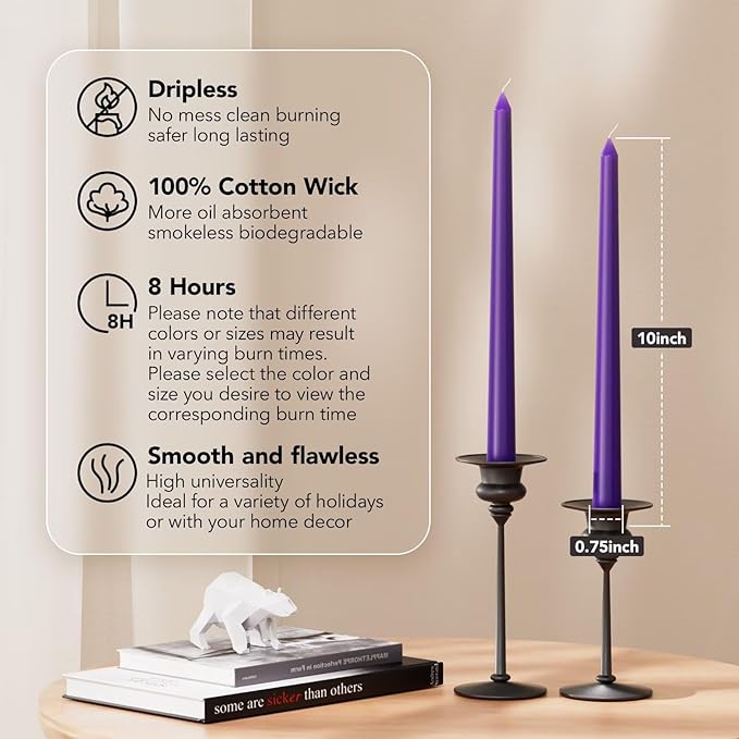 10-Inch Tall Dripless Taper Candles Set of 4 - Purple Tapered Candles, Perfect for Halloween - Smokeless, Unscented, Long Burning - Hand Poured, Colored Tall Candlesticks - Light Purple