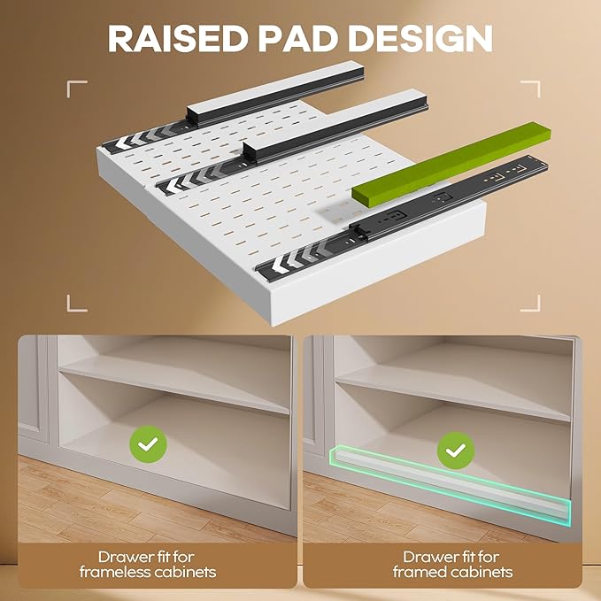 Seinloes 6 Pack Pull out Cabinet Organizer 21"Deep with Raising Pad for Framed Cabinets, Expandable Slide out Drawers for Kitchen Cabinets with 6pcs Divider Racks, Roll out Shelves 12.1"-20.4" W White