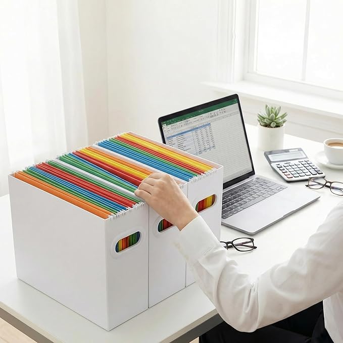 Hanging File Organizer Box, 3 Pack White Cardboard File Folder Holder for Letter Size, Portable Desk Document Storage with Handles, for Office,Home,School