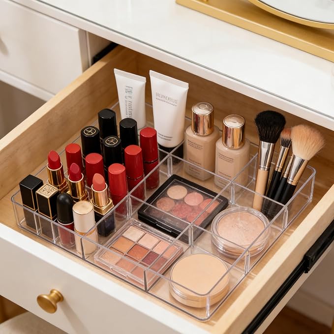 Widousy Acrylic Drawer Organizer, Expandable Drawer Organizer Trays, Desk Organizers and Accessories, Adjustable Compartments Desk Accessories for Makeup Utensil Junk Office Kitchen Bathroom