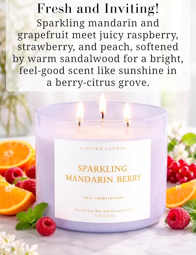 Large Sparkling Mandarin Berry Scented Candle for Home - 3 Wick Soy Candles 15.8oz, Fresh Citrus Aromatherapy Candle, Long Lasting Clean Burning, Uplifting Gift for Women & Men