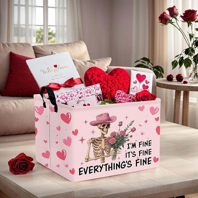 Valentine's Day Basket Gift for Empty Cute Heart Large Storage Bin for Kid and Baby Room Décor (Pink Rose Skull Heart)
