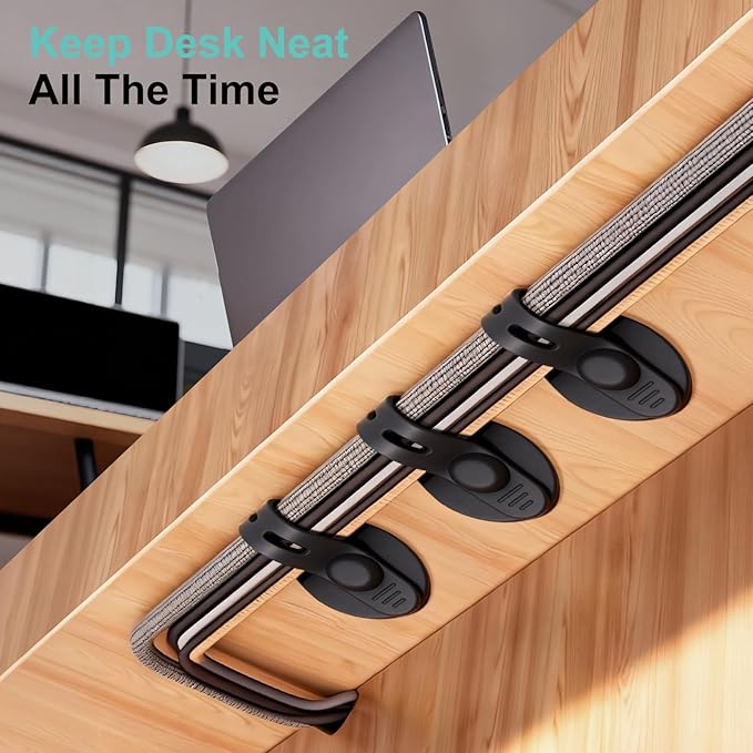 Cable Management Under Desk, 2026 New Upgraded Cord Organizer, Silicone Cable Ties Straps, Adjustable Wire Organizers for Cords, Self Adhesive Sticky-Back Cable Clips Hider Under Table, 12Pcs - Black