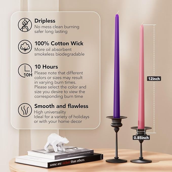12-Inch Tall Dripless Advent Candles Set of 4, Tapered Candles, Perfect for Christmas - Smokeless, Unscented, Long Burning - Hand Poured, Colored Tall Candlesticks - Pink and Purple
