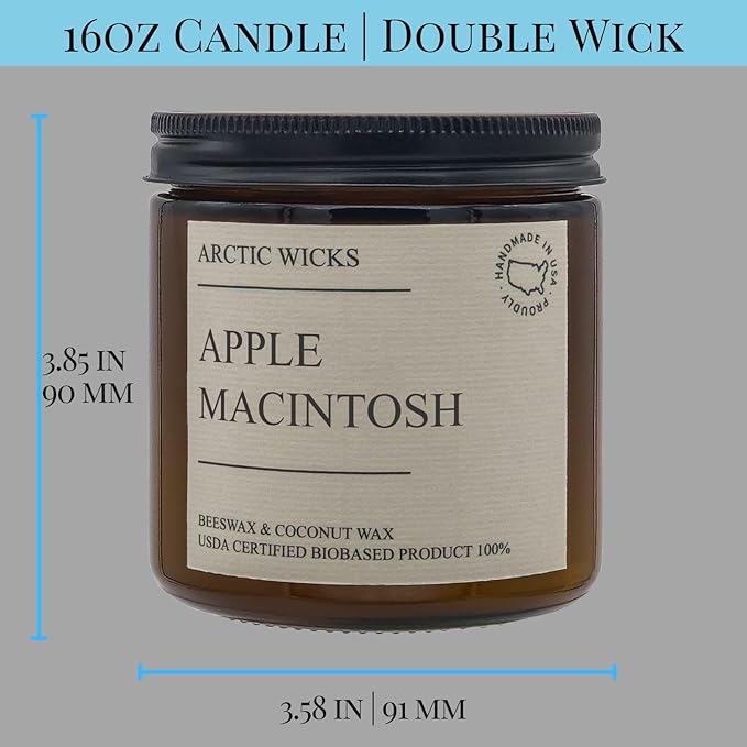 Arctic Wicks Handcrafted Candles | Non Toxic Coconut Beeswax Candles 16oz Double Wick | 100% USDA Certified Biobased, Handmade, Premium Waxes, Non-Toxic (Apple Macintosh, 16oz Amber Jar)