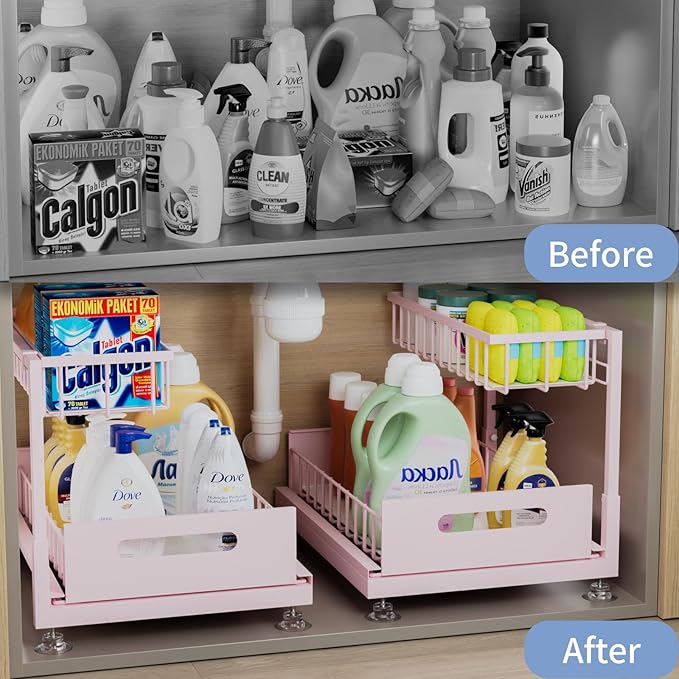 Saydear Under Sink Organizer Storage 2-Tier Premium Metal Pull-Out Kitchen Cabinet Organizer with Sliding Drawer, Height Adjustable, Heavy Duty for Kitchen & Bathroom Organizers 2 Pack Pink