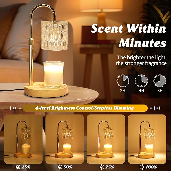 Candle Warmer Lamp with Timer and Dimmable, Electric Wax Melt Candle Warmers Height Adjustable with 2 Bulbs, Birthday Gifts for Women House Warming, Home Decor for Scented Jar Candles(Clear)